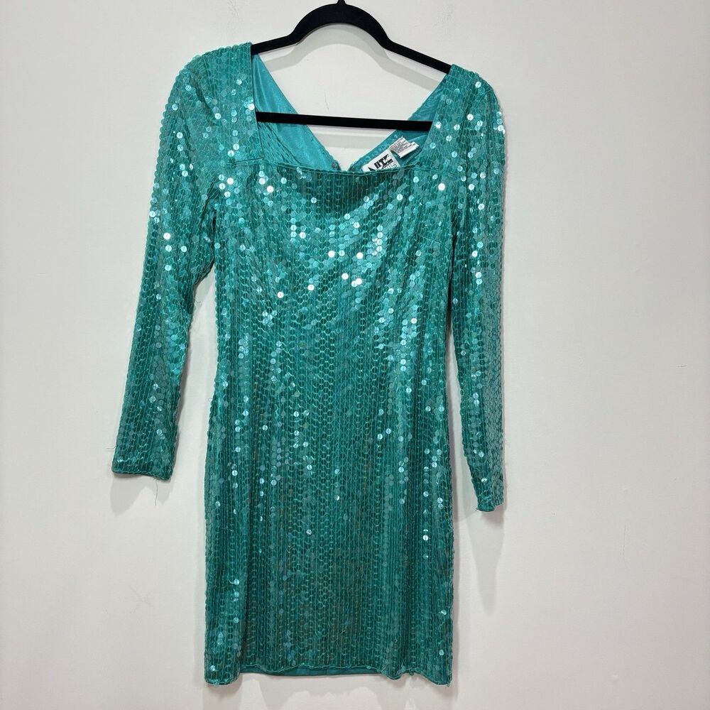 VTG Nite Line Iridescent Green Sequin Mini Dress 8 Cocktails Mermaid Glam Disco